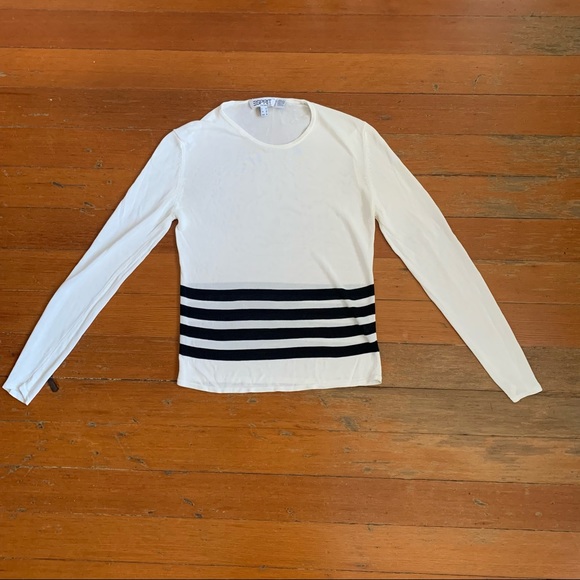 90's ESPRIT Vintage White with Black Stripe Light Weight Sheer Long-sleeved Top - Picture 6 of 9